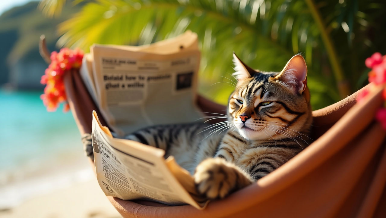 Newsletter de Véto de Garde - actualité de la clinique d'urgence vétérinaire, conseils pour la santé des animaux de compagnie, illustrée par un chat dans un hamac qui lit le journal.